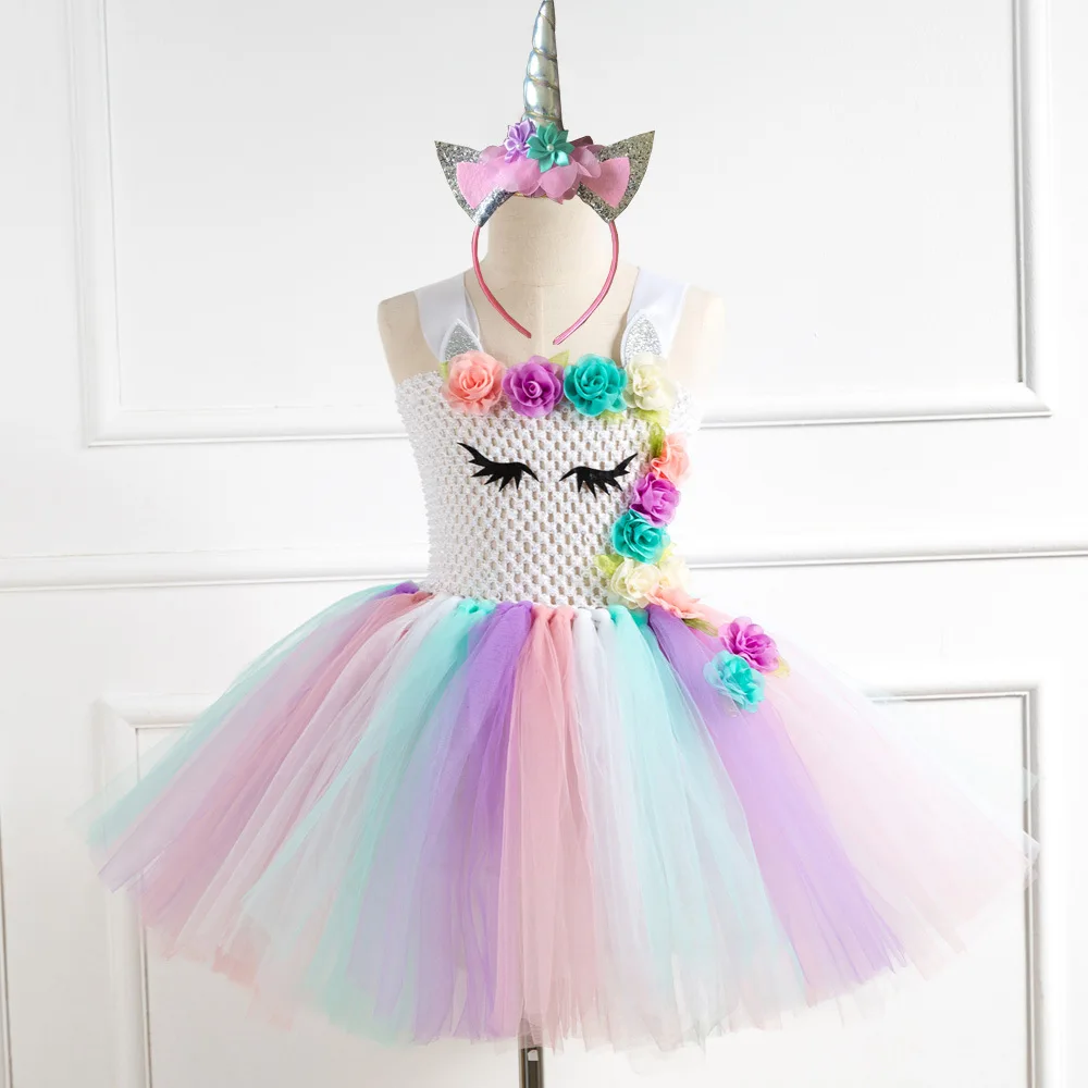 

2020 Rainbow Unicorn Dress For Girls Princess Dresses Elegant Unicorn Costume Kids Baby Girls Clothes Birthday Party Vestidos