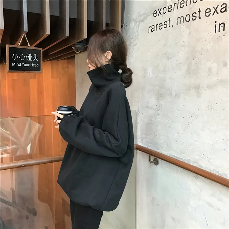 Толстовки женские водолазки в Корейском стиле хип-хоп однотонные Harajuku женские универсальные плюс бархат теплые на зиму мягкие толстовки милые