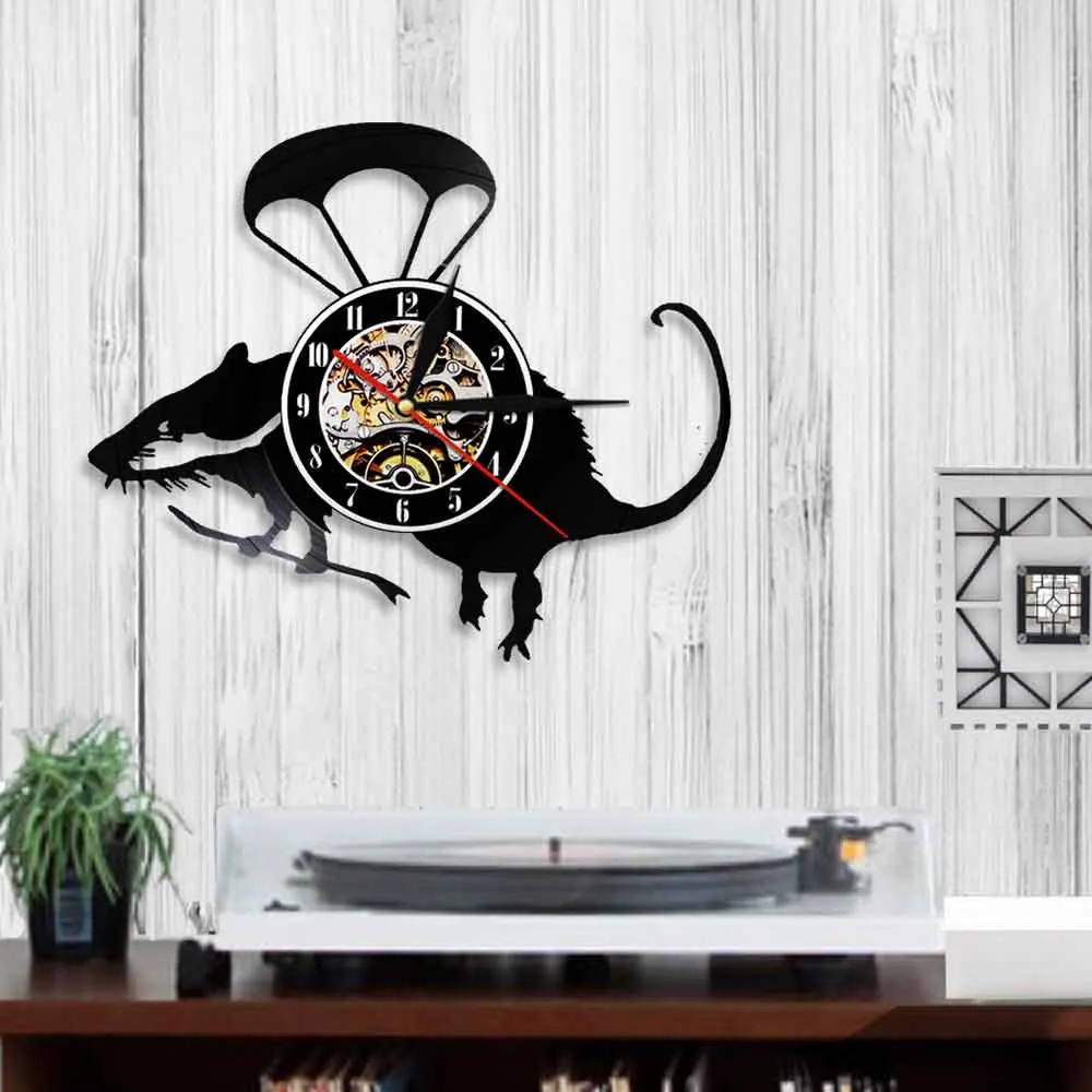 Летающий вертолет крыса виниловая пластина 3D настенные часы милый парашютник