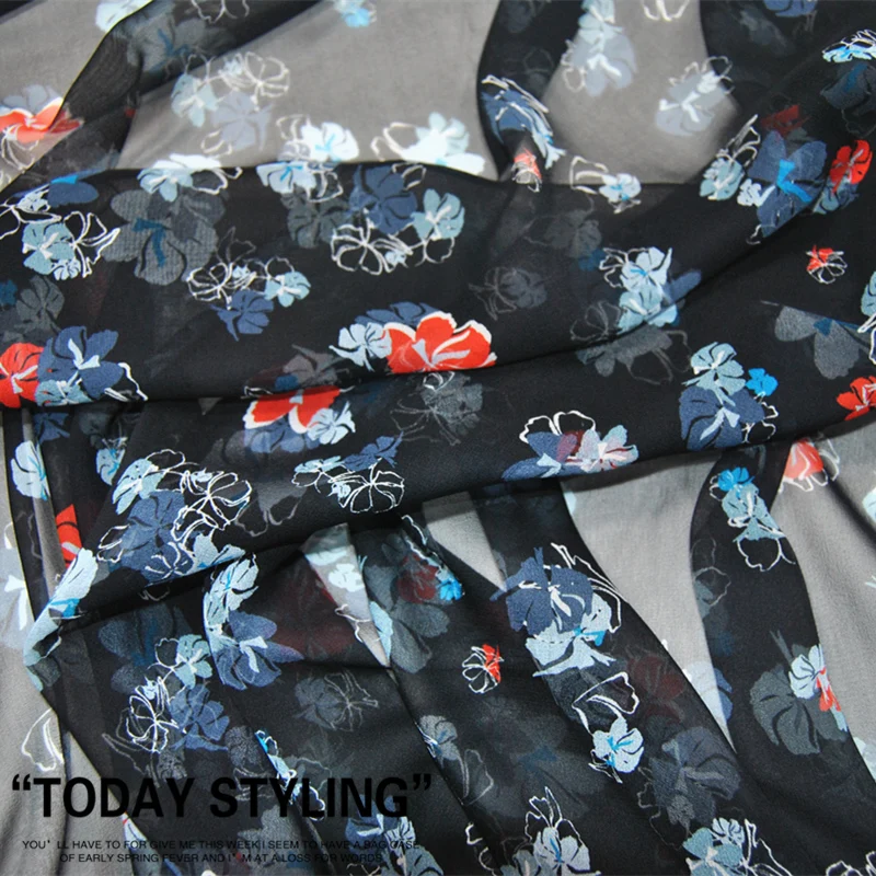 

Silk Georgette Chiffon Fabric Dress Large Wide Navy Blue Flower Clothing DIY Patchwork Tissue