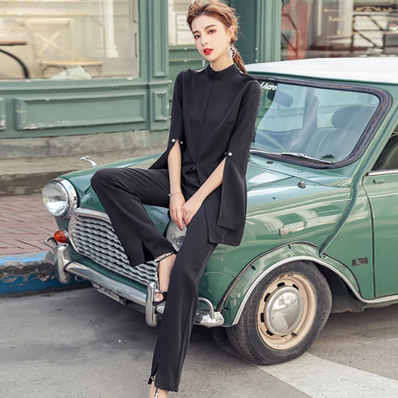 

Женский брючный костюм из двух предметов, элегантный шикарный топ с длинным рукавом и облегающие брюки клеш, офисный спортивный костюм, осень