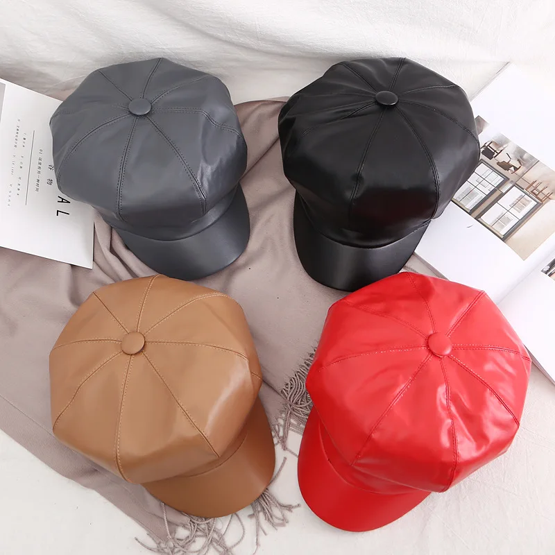 

Fashion Auutmn Winter Hats for Women Solid Plain Octagonal Newsboy Cap Men Ladies Casual Pu Hat Winter Beret Women Painter Cap
