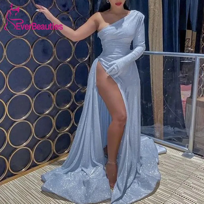 

Вечернее платье с блестками, длинное, 2020, с разрезом, Формальные платья на одно плечо, с длинными рукавами, Robe De Soiree, Русалка, Vestidos Formales