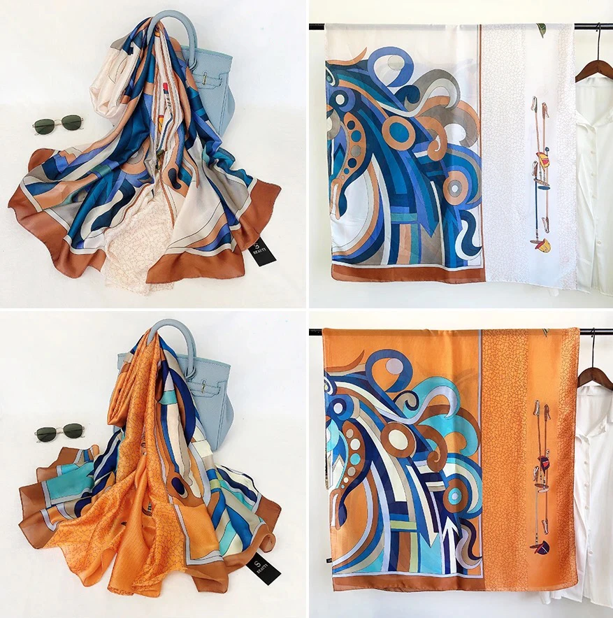 

2021 Summer Silk Scarf Women Print Scarf Flower,Birds,leaf,chains, 100% Natural Silk Wraps Shawls and Scarves 180*90cm Hijabs