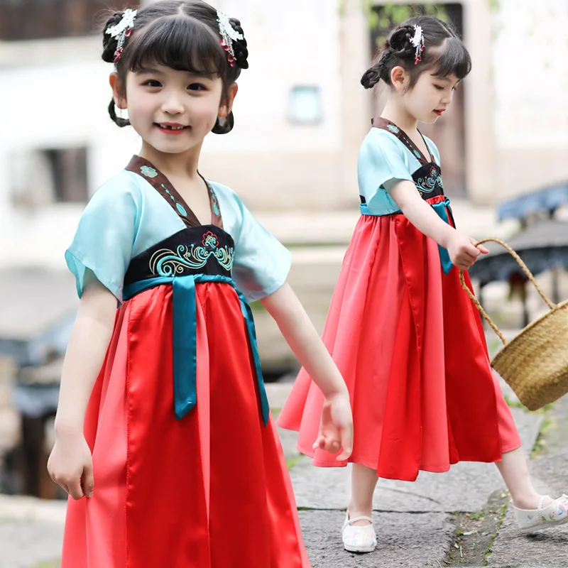 

Summer Girls Chinese National Style Cheongsam Dresses Girl Tradition Retro Dress Guzheng Costume Tang Princess Flowers Clothes