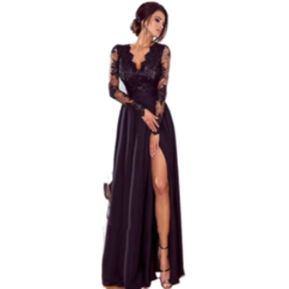 

Women's Summer Maxi Dress sexy lace evening skirts long sleeve v-neck embroidery flowers bifurcation big pendulum tight waist