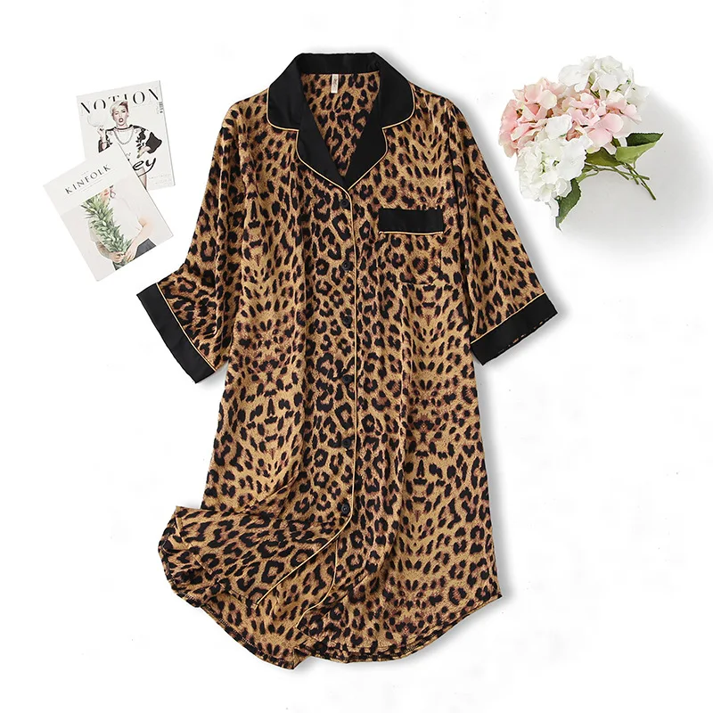 

Women Summer Dress Sleepwear Sexy Nightgown Printed Leopard Intimate Lingerie Sleepshirt Bathrobe Loose Faux Silk Home Clothes