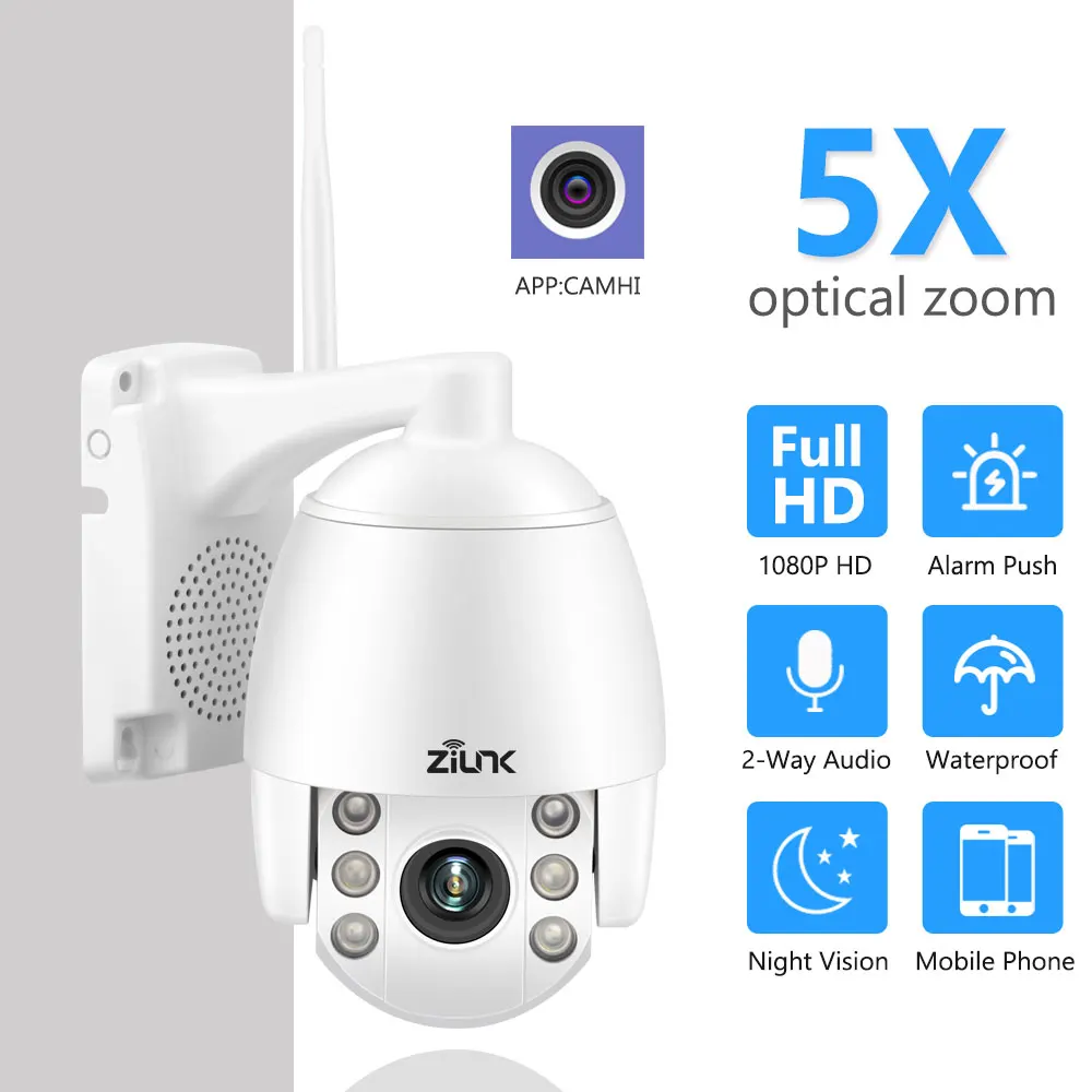 Уличная камера безопасности беспроводная wifi 1080P 2MP HD двухсторонняя аудио PTZ 5X оптический зум IR 60 м ONVIF Мини ip-камера слот для карты SD