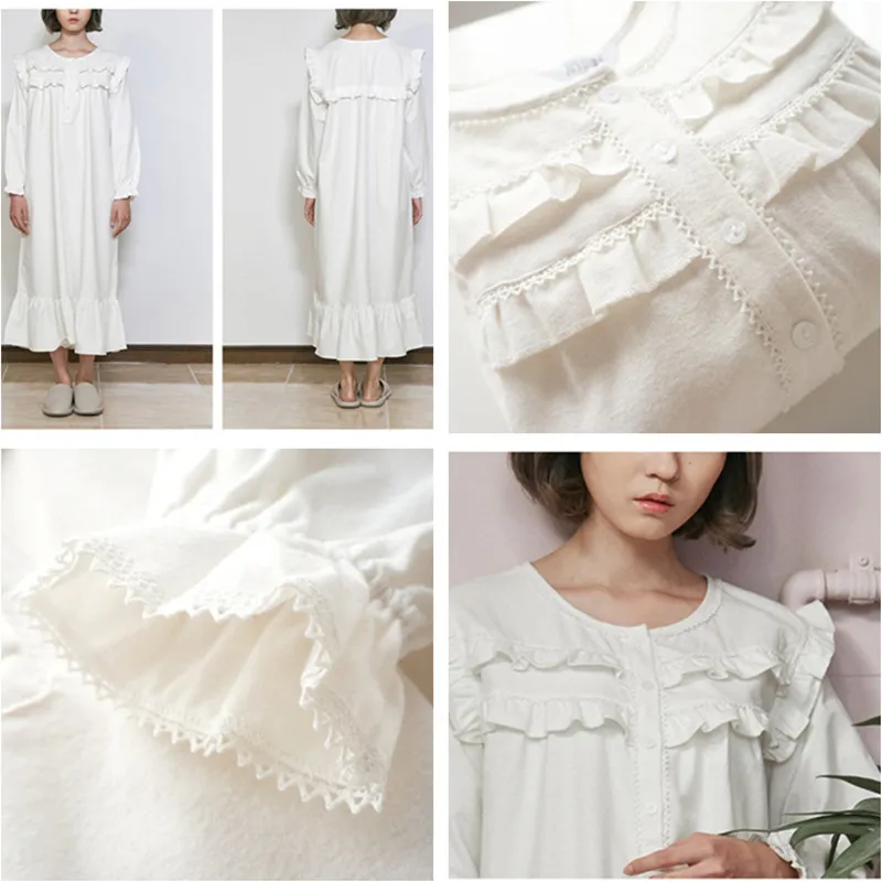 

2021 Spring New Cotton White Fishtail Female Night Dress Round Neck Long-sleeved Lace Loose Girl Pajamas Female Home Wear