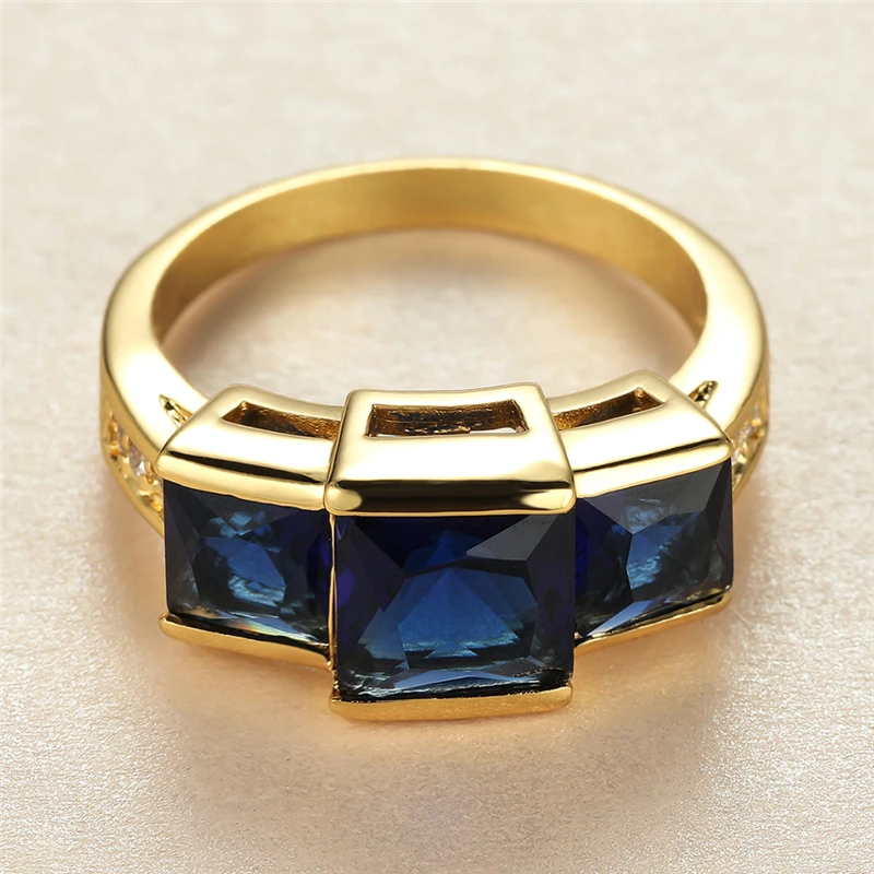 

Luxury Female Blue Crystal Stone Jewelry Dainty Gold Color Wedding Big Rings For Women Vintage Bride Square Engagement Ring