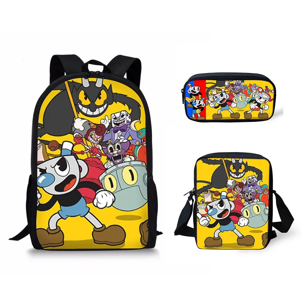 HaoYun 3PCS/Set Game Cuphead Mugman School Backpack for Teenager Boys 16 inch BookBag Baby Kids Student Satchel Mochila Daypack