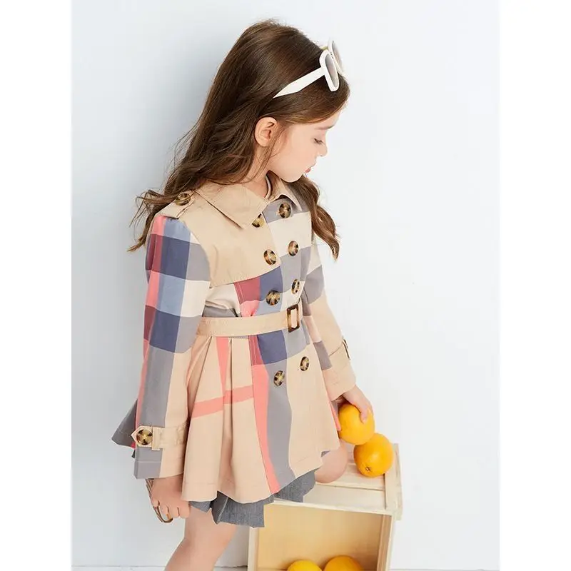 

Autumn Girls Coats Fashion Print Plaid Sweet Cute Double Breasted Trench Coat Long Sleeve Kids Windbreaker Children's Coat