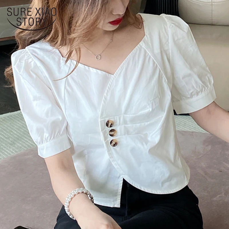 

2021 Summer New French Design Square Collar Short Sleeve Chiffon Shirt Summer Tops and Blouse White Blouse Chemisier Femme 10030