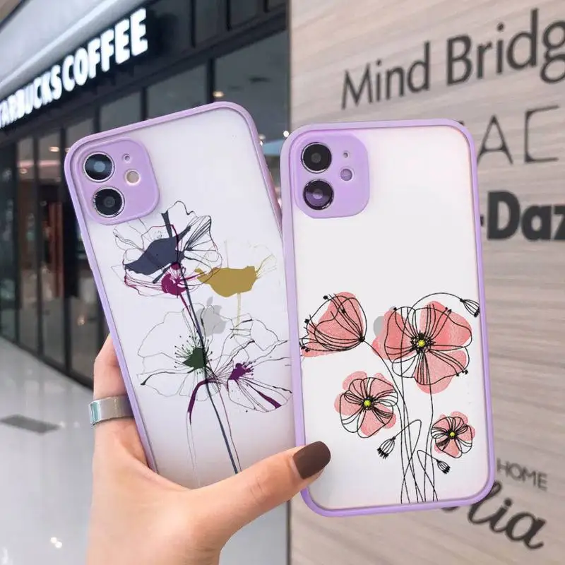 

Watercolor flowers gold leaves Phone Case For iPhone 13 12 11 Mini Pro XR XS Max 7 8 Plus X Matte transparent Purple Back Cover