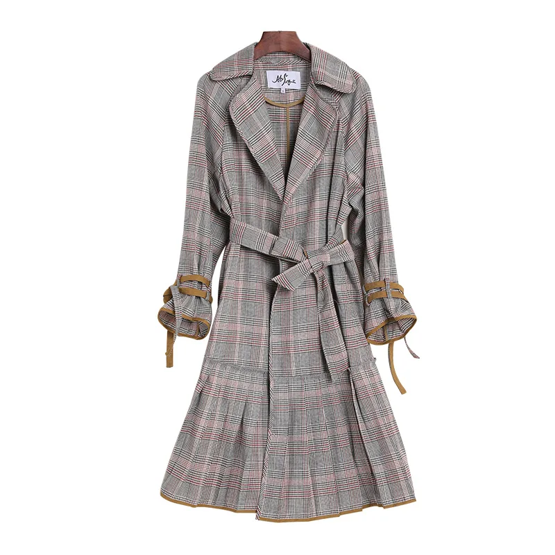 

Женская ветровка в клетку, Повседневная ветровка средней длины с поясом и свободной юбкой, весна 2021