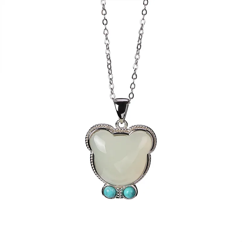 S925 sterling silver Hetian jade turquoise pendant personalized bear cute and graceful ladies clavicle chain set chain