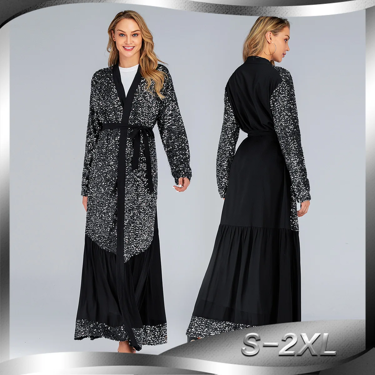 2021 Sequins Black Eid Abaya Dubai Kaftan Kimono Cardigan Muslim Hijab Dress Women Dubai Turkish Islamic Clothing Vetement