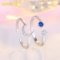 qmcoco silver color moon shape adjustable rings women creative trendy two in one blue zircon rings party jewelry accessories