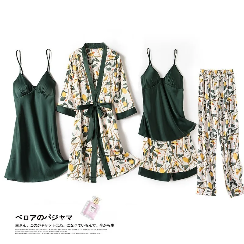 Print Flower Wedding Robe Set Women Sexy Nightwear Nightgown Suit Loose Kimono Bath Gown Silky Soft Satin Home Clothes Lingerie