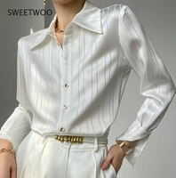 fashion stylish loose women striped shirts 2022 spring long sleeve single breasted female satin blouses ladies tops contracted