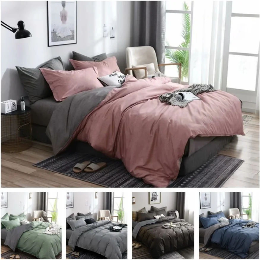 

Home Textile Kit Plain Simple Quilt Cover Solid Color Plaid Texture Pattern Pillowcase Single Double Bed Supplies Bedding Set
