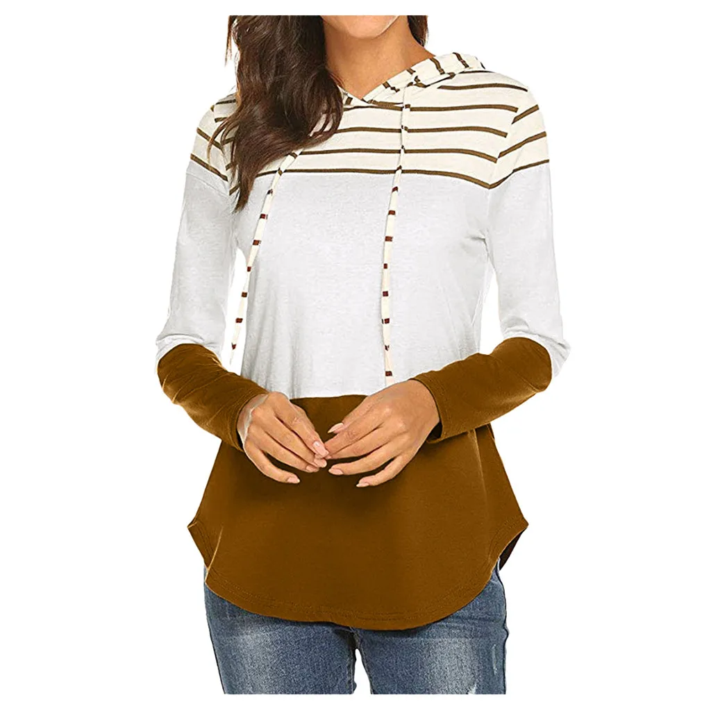 Топы с капюшоном 2019 женские повседневные толстовки в полоску свободные на