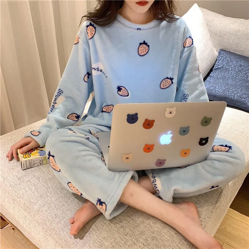 

Winter Thick Flannel Pajamas Set For Women Long Sleeve Top and Full Trousers 2 Piece Sleepwear Print Plus Size Homewear
