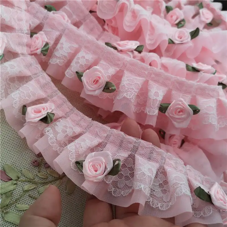 

Exquisite Ruffled 3D Rose Lace Trim Chiffon Pleated Pink Lace 1.9" Wide 2 Yards