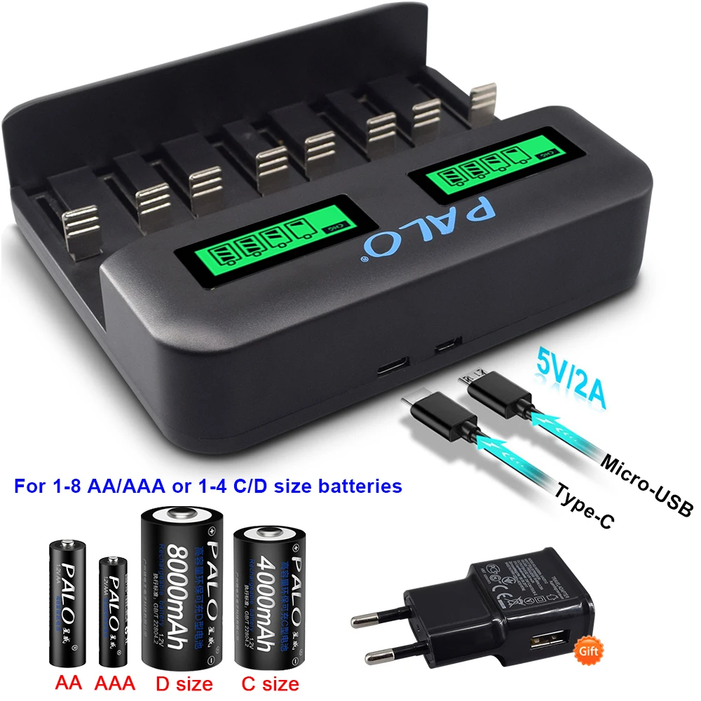 PALO 8 слотов ЖК дисплей USB Смарт зарядное устройство для AA AAA SC C D размер
