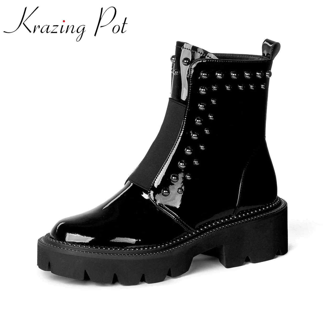 

Vichelo Hot patent cow leather European thick high heels winter shoes plus size rivets keep warm solid riding ankle boots l93