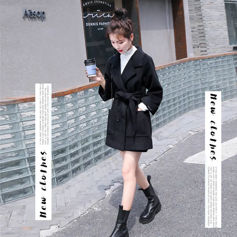 

Autumn and winter new woolen coat women's Korean version of double breasted versatile medium length woolen coat