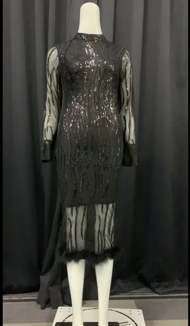 Summer Sexy Club Women Dresses OL Lady Black Streetwear Chic Casual Plus Size Bodycon Sequins Mesh Fur Plain Female Pencil Dress | Женская