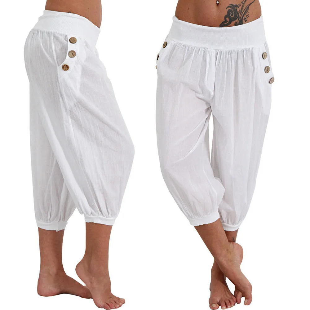 

Women's solid color cotton and linen series with buttons and pockets waistband leisure and comfortable cropped trousers