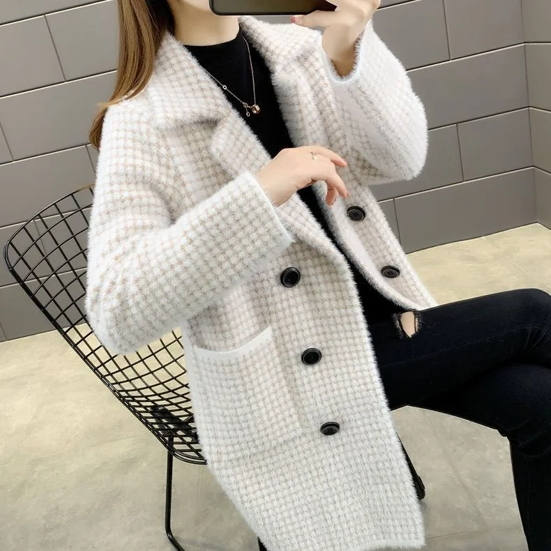 Женский Длинный мохеровый кардиган в клетку осенняя вязаная куртка из меха норки