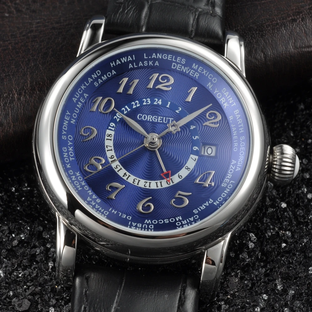 43mmCorgeut man Marchio di Lusso Orologio Meccanico Пелле di Moda Топ Doppio fuso orio GMT автоматические часы мужские желаемые часы