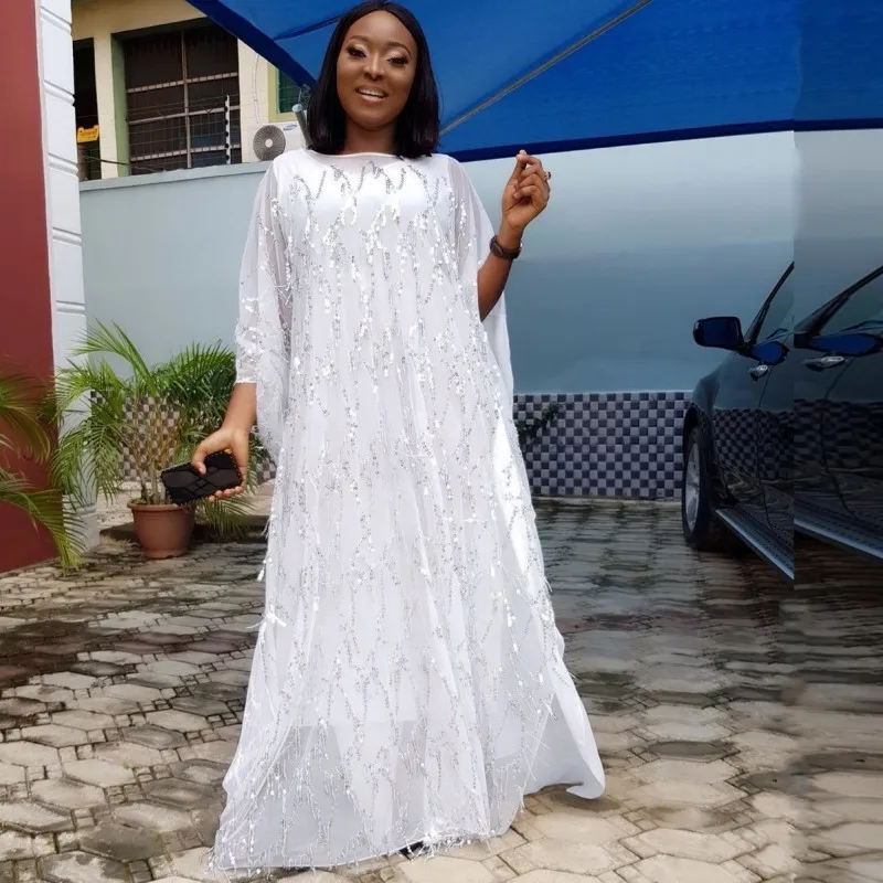 Женское длинное платье с блестками в африканском стиле белое большого размера d