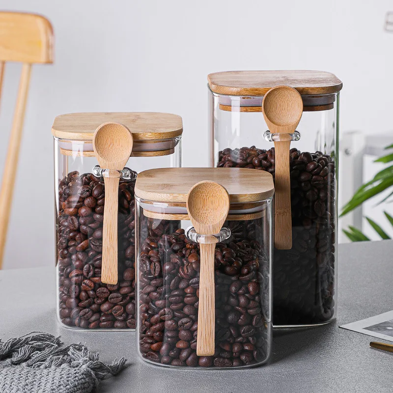 

High Borosilicate Square Sealed Jar with Wooden Spoon Household Kitchen Transparent Glass Storage Tank Coffee Bean Storage Tank