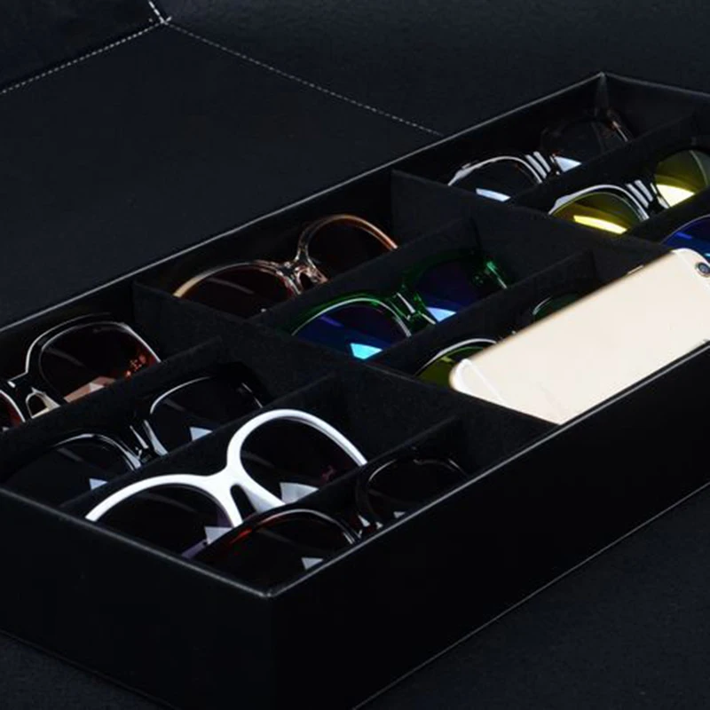 

12-Slot Plaid Jewelry Sunglasses Glasses Storage Box Eyes Wear Display Tray Watch Storage Bag PU Leather Gifts