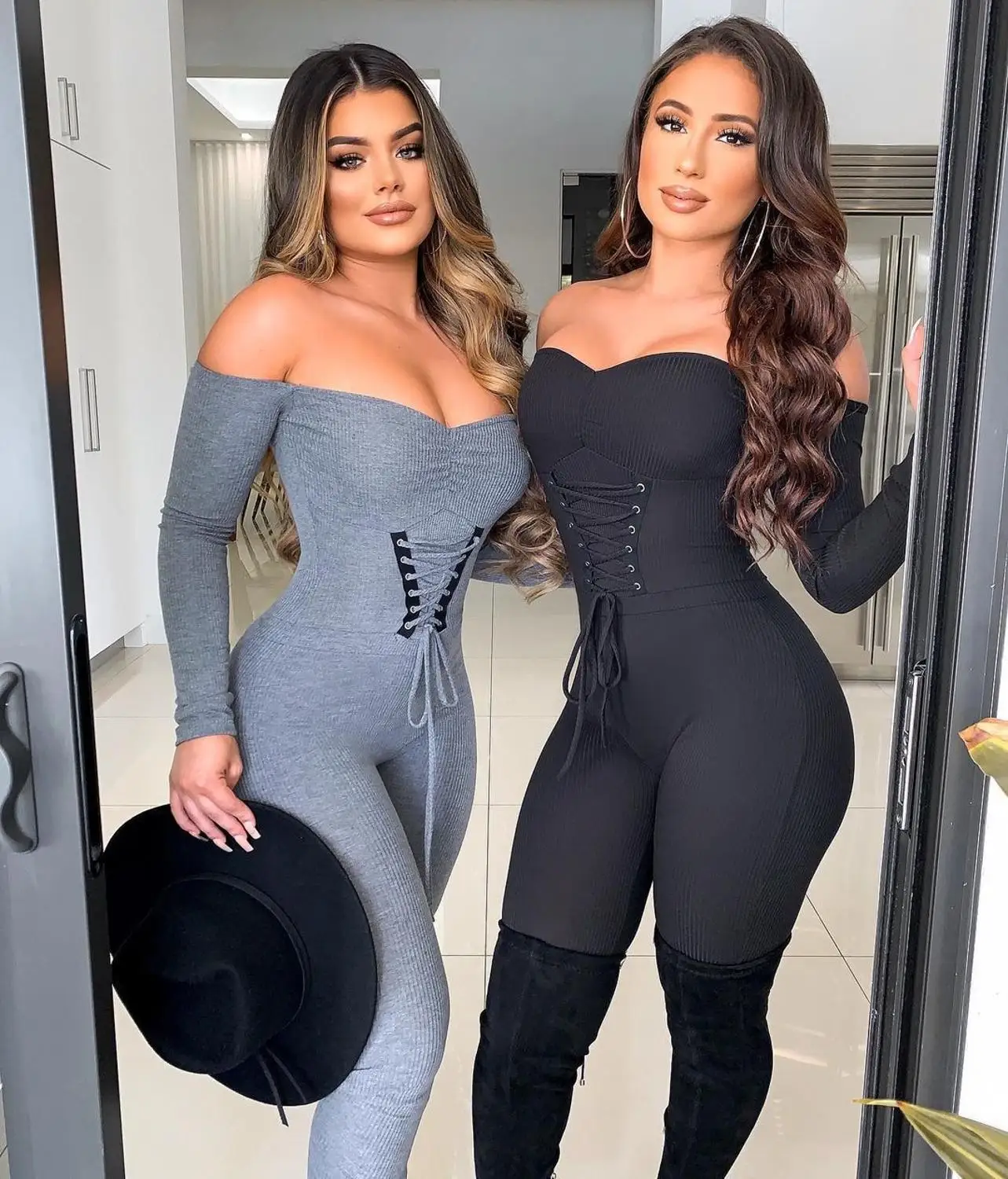 

Echoine Ribbed Knit Front Grommet Lace Up Bandage Skinny Jumpsuit Women Club Outfits Sexy Off Shoulder Slash Neck Rompers