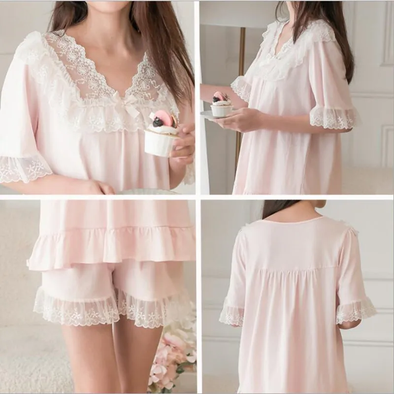 

2021 Lady Korea Style Sleepwear Girls Lace V-Neck Short Sleeves Pijamas Women Summer Short Pants Cotton Night Clothes Pajama Set