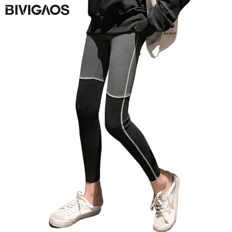 

BIVIGAOS 2019 Autumn New Color Matching Workout Leggings Vertical Strip Cotton Elastic Slim Casual Sports Leggings Women Pants