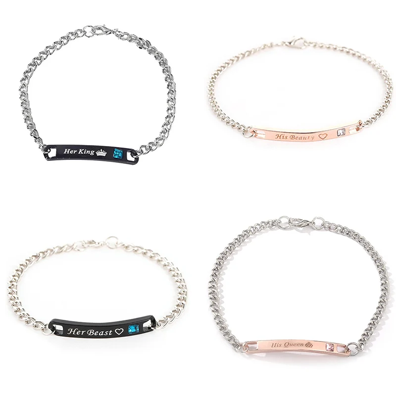 2 стиля его королева ее король черный розовое золото цвет женская Мужская цепочка кристалл пара браслет