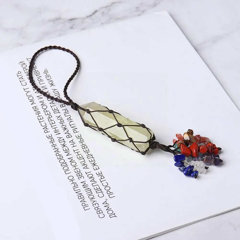

Natural Citrine Column Hand-woven Net Bag Chakra Crystal Zeven Netto Kristallen Hanger Stone Hanger Geweven Pendant Zak Cha T4P5