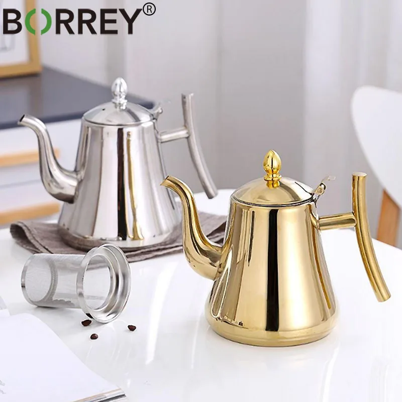 

BORREY 1L/1.5L/2L Stainless Steel Coffee Pot Gold Teapot With Filter Metal Tea Kettle Gas Stove Induction Cooker Water Kettle