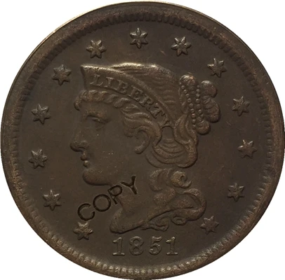 1851 США 1839-1857 Заплетенные волосы большой цент копии монет - Цвет: 1851