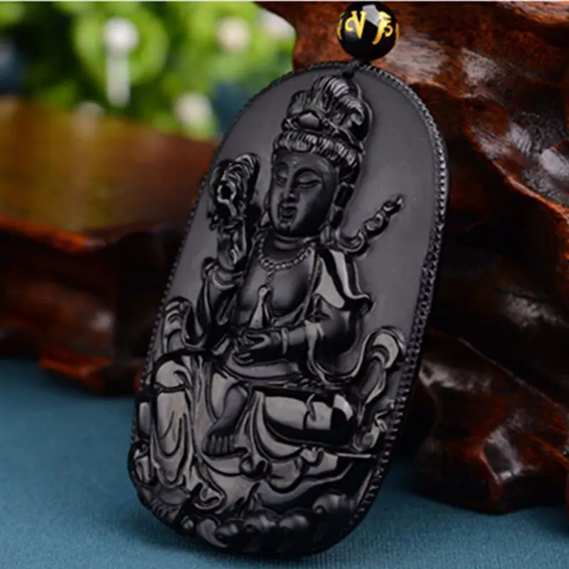 Природный Черный Обсидиан Резной южный Китай море Гуаньинь Будда Подвески