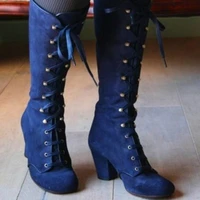 2021 medieval womens casual riding boots winter lace up suede long tube knight boot female high heel cowboy shoes mid calf sexy