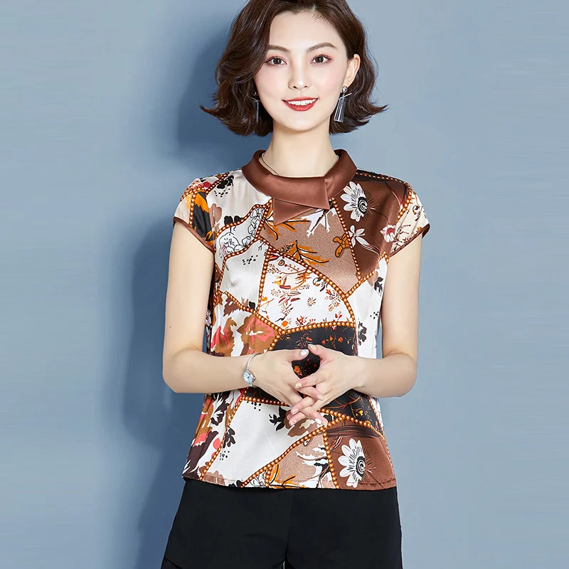 Vintage Style Women Imitate Silk Blouses Shirts Lady Casual Peter Pan Collar Short Sleeve Blusas Tops DF2925 | Женская одежда