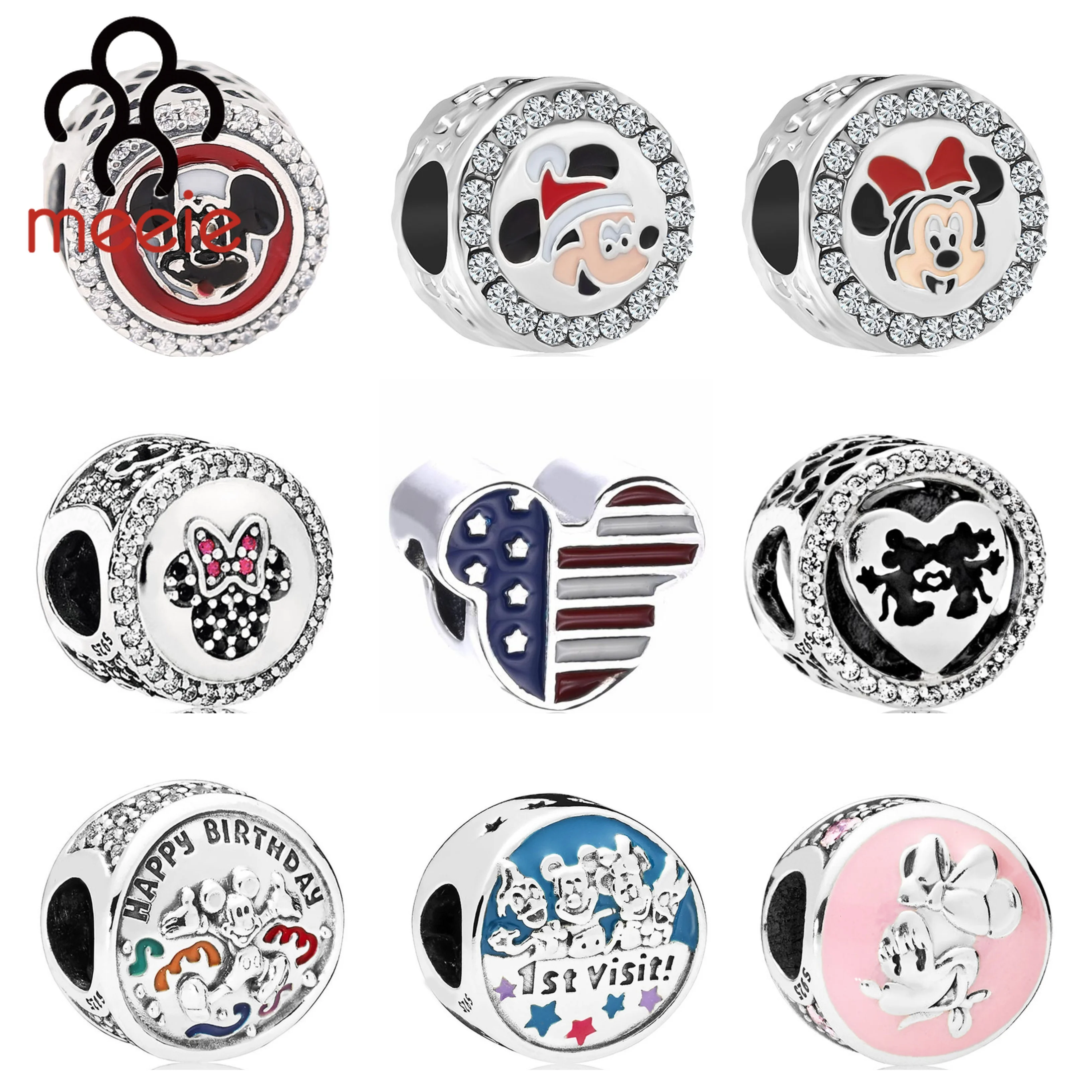 Аутентичные 925 пробы серебряные милые Мультяшные Микки Минни Маус сердце Шарм
