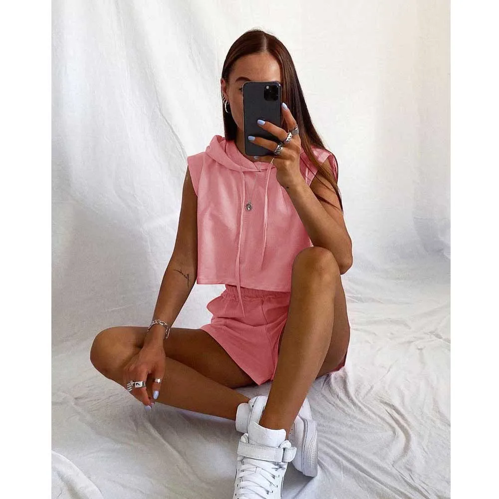 

Summer Hoodies High Waisted Sweat Shorts And Top Set Women Loungewear Ladies Casual Two Piece Suits Ropa De Verano Mujer 2021